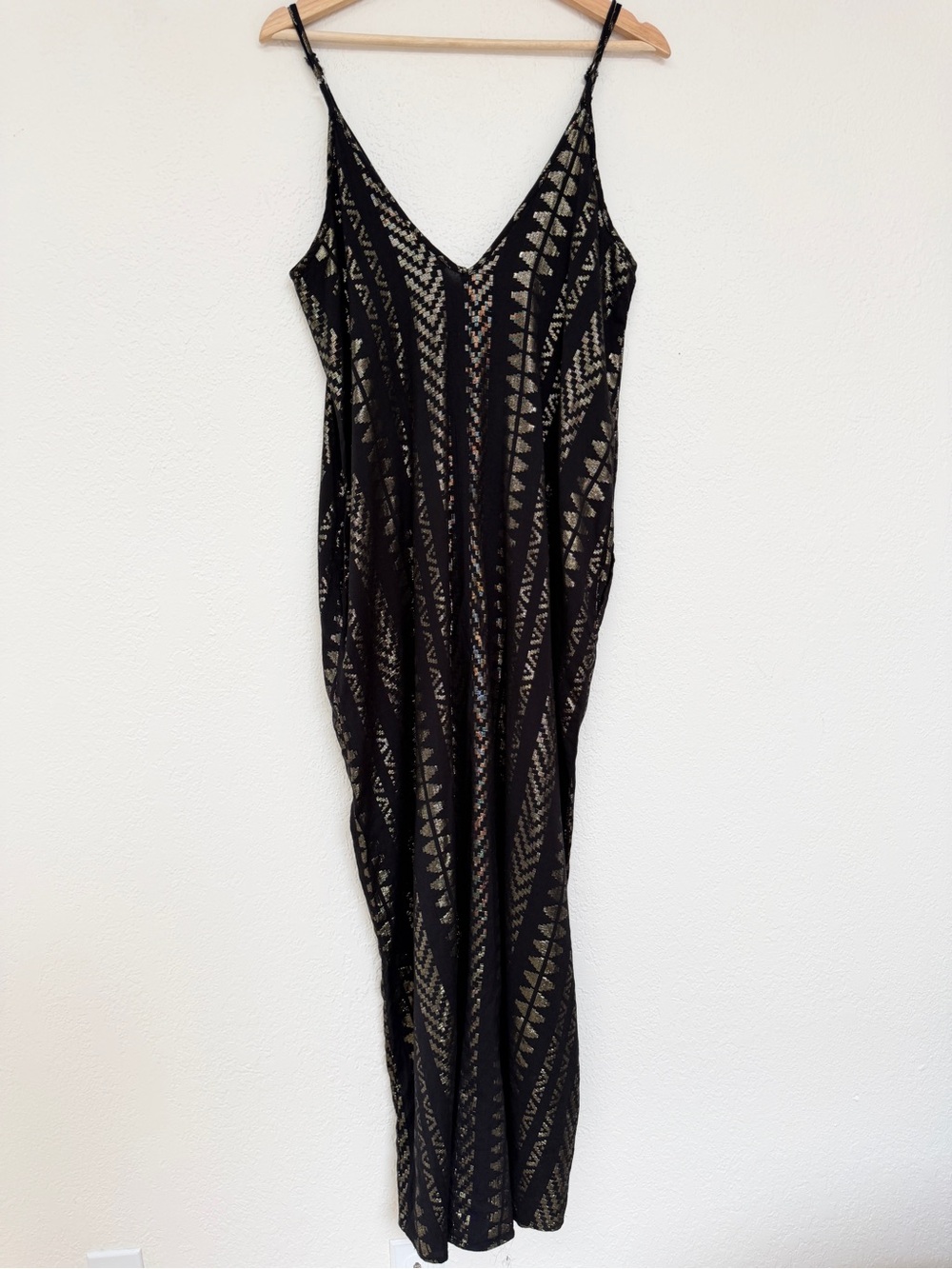 ELAN black metallic gold boho print strappy maxi resort sun dress / size M - Picture 10 of 11